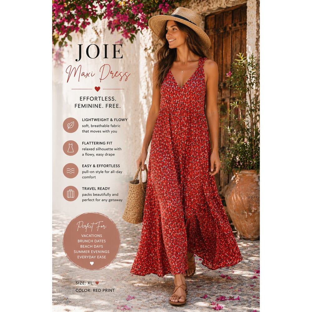 Joie Maxi Dress XL Red Floral Sleeveless Boho Resort Vacation Flowy Sundress